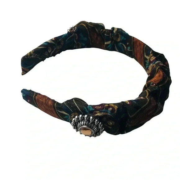Handcrafted Paisley Silk Headband Upcycled Scrunchy Crown Silver-Tone Medallion - Picture 5 of 8